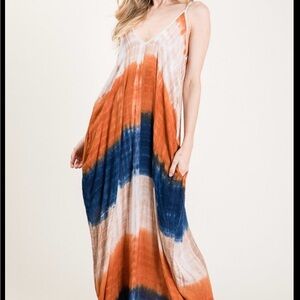 Orange Blue Tie-Dye Maxi Sundress